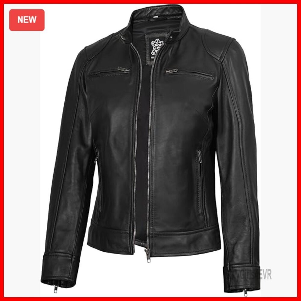 Lambskin Leather Jacket Cafe Racer Style Stand Collar Zip Closure
